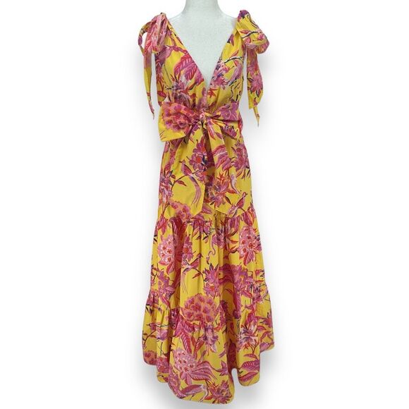 Banjanan Carnation Flamingo Rhododendron Ruffle Maxi Dress Size Small Yellow - Picture 3 of 13